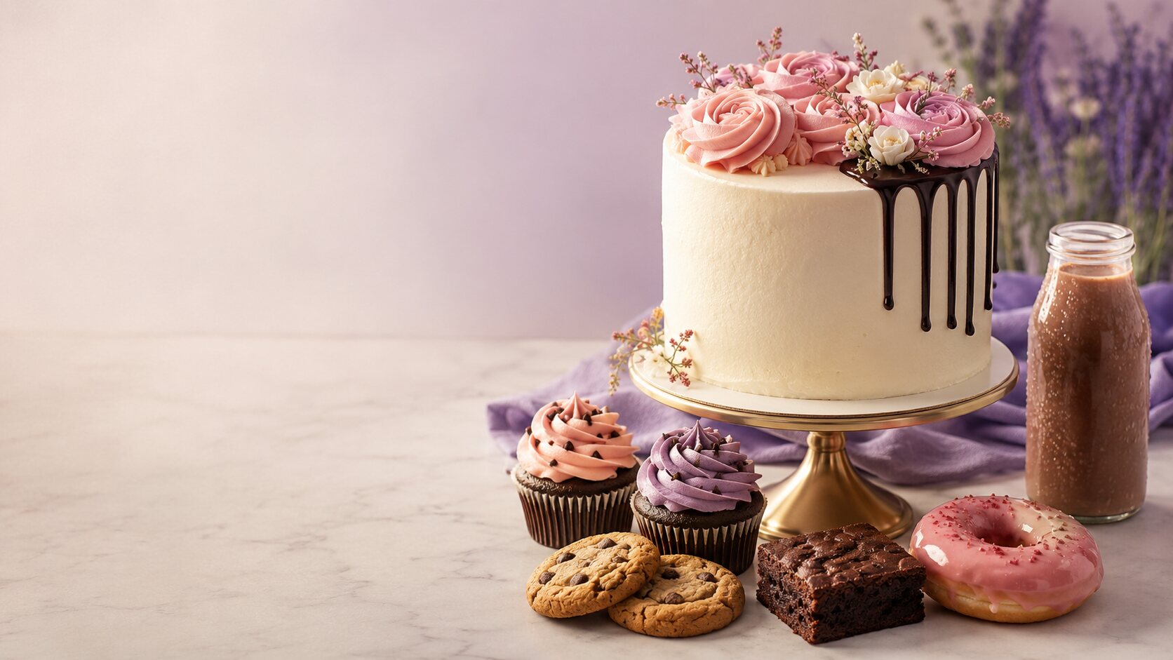 Elegant celebration cake and baked treats